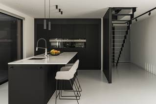 Zwarte moderne keuken met grijze Mellow PU gietvloer