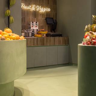 Groene Socrete gietvloer in delicatessenwinkel Vandererfven