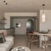Living room with kitchen in flat with Socrete floor